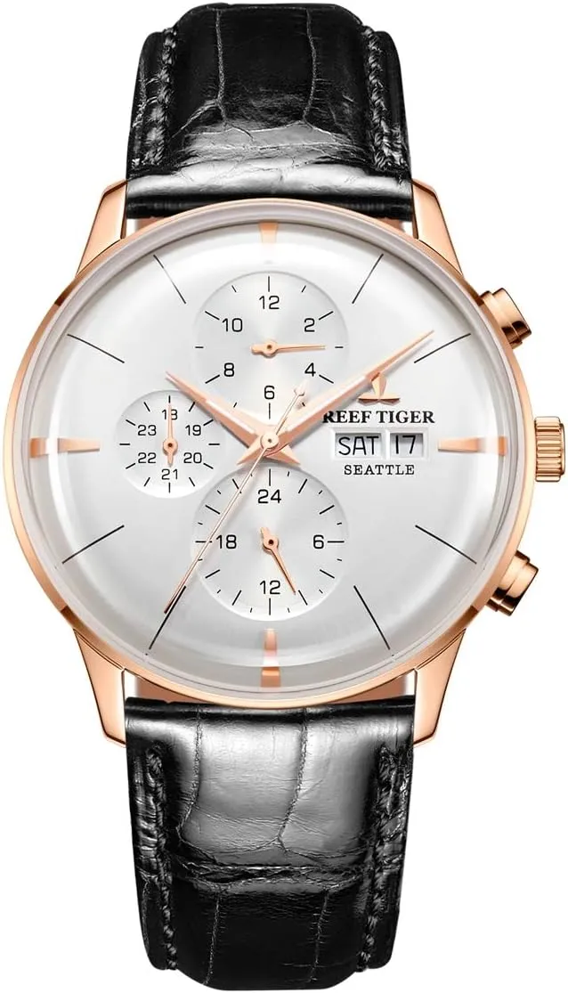 REEF TIGER Luxury Dress Watch Genuine Leather Strap Rose Gold Automatic Watches for Men RGA1699