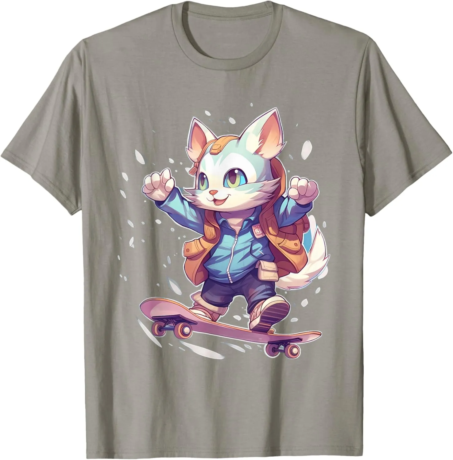 Retro Skateboarding Snowshoe Cat Skateboard T-Shirt
