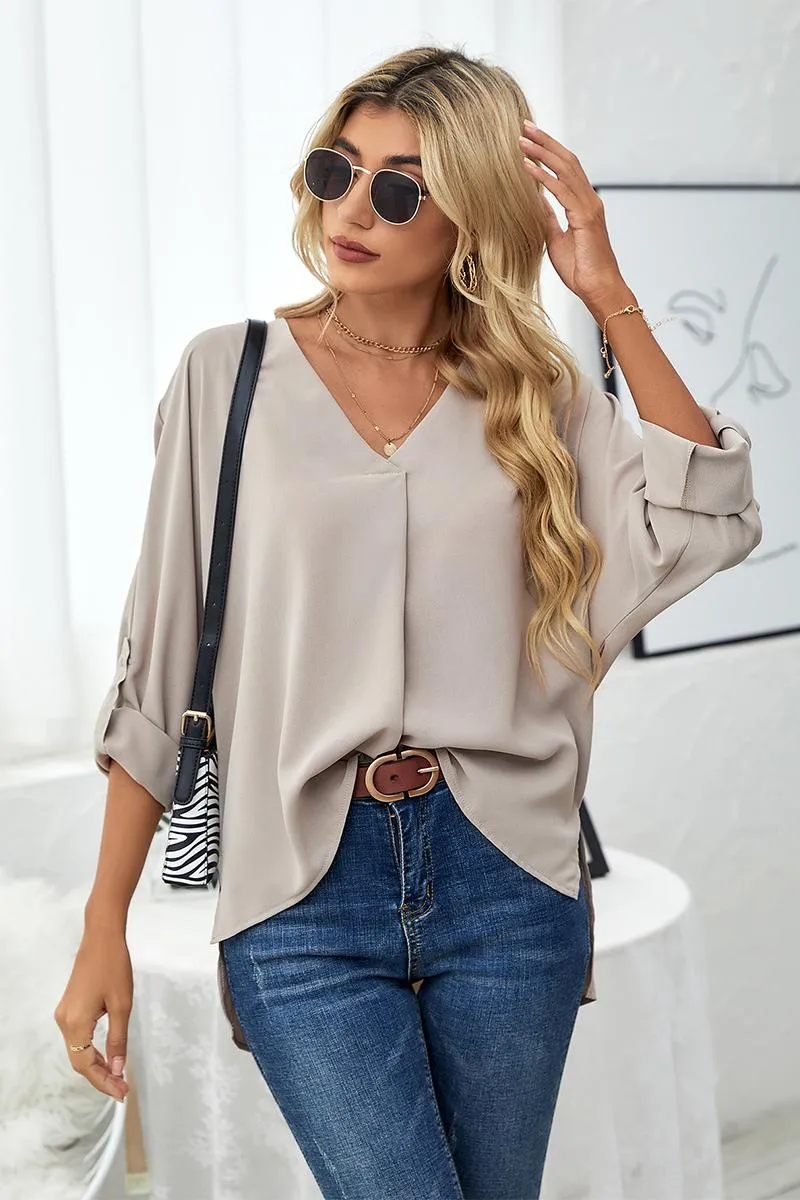 Roll-Tab Sleeve V-Neck Blouse