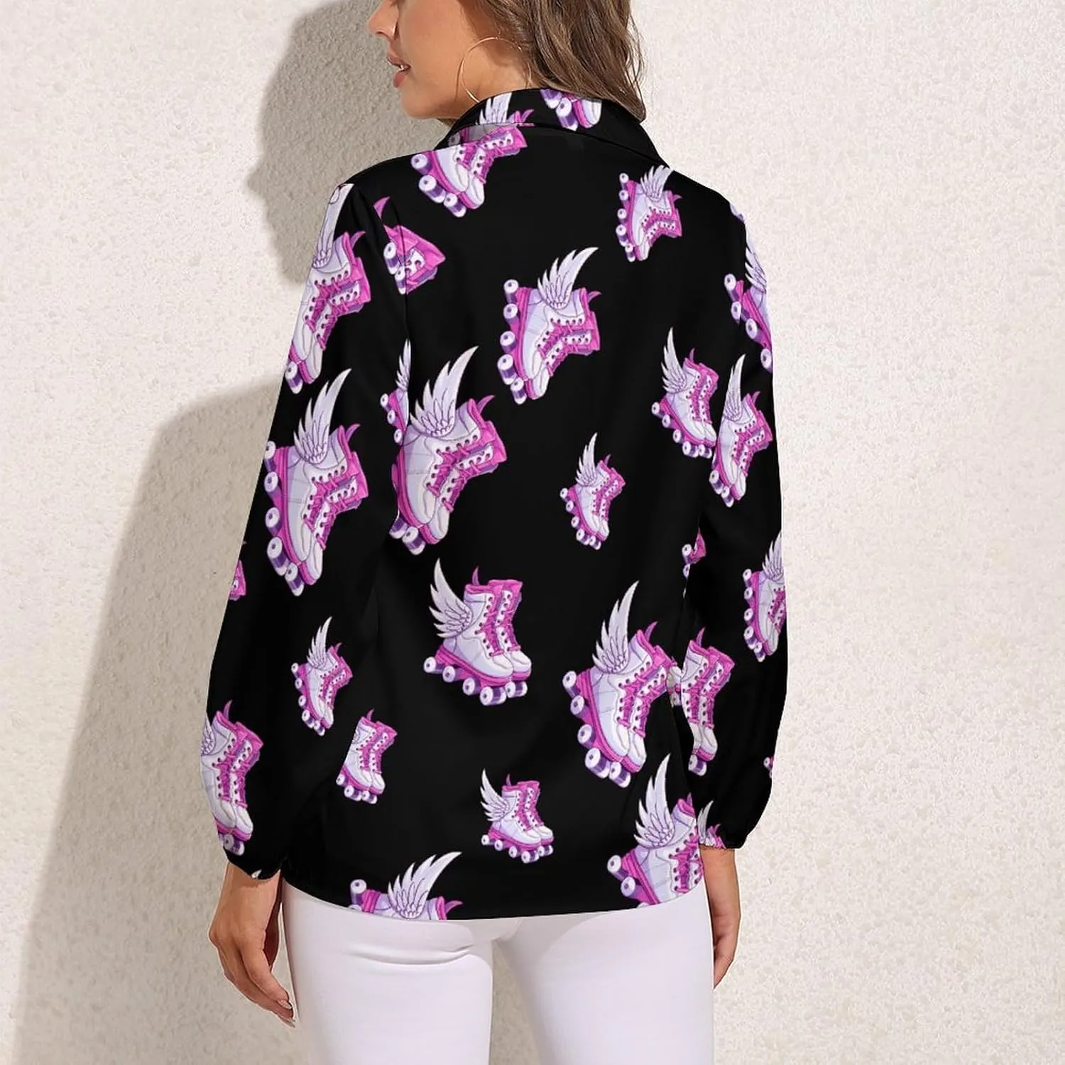 Roller Skate Shoes Women's Blouses Printed Long Sleeve Button Down V-Neck Shirts Casual Tops