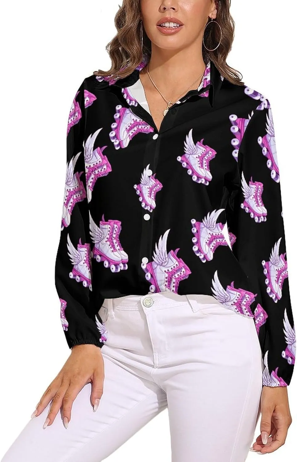 Roller Skate Shoes Women's Blouses Printed Long Sleeve Button Down V-Neck Shirts Casual Tops
