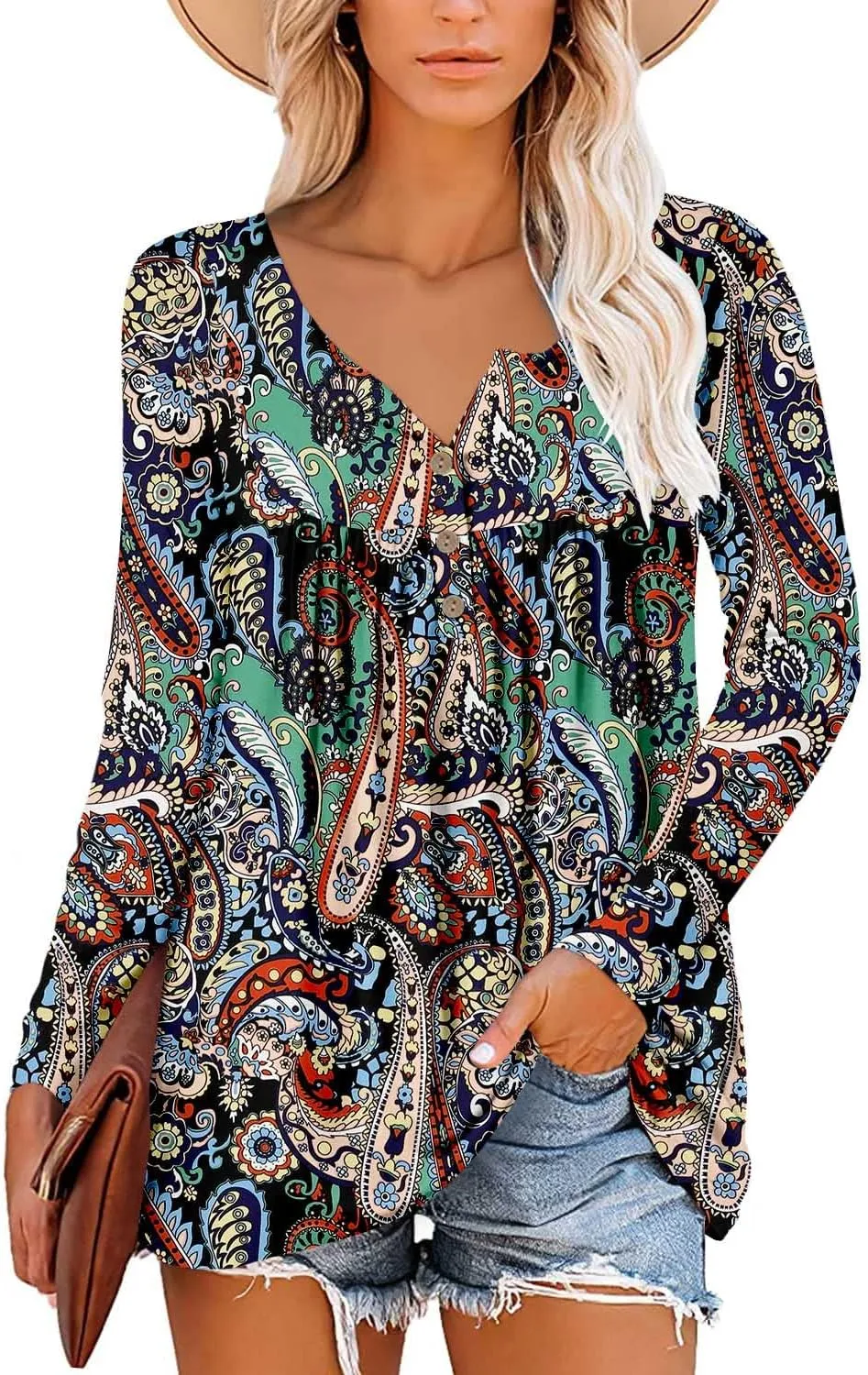 ROSELINLIN Womens Long Sleeve Tunic Tops Floral Fall Blouse Shirts