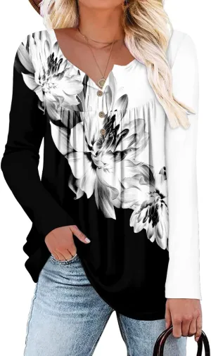 ROSELINLIN Womens Long Sleeve Tunic Tops Floral Fall Blouse Shirts