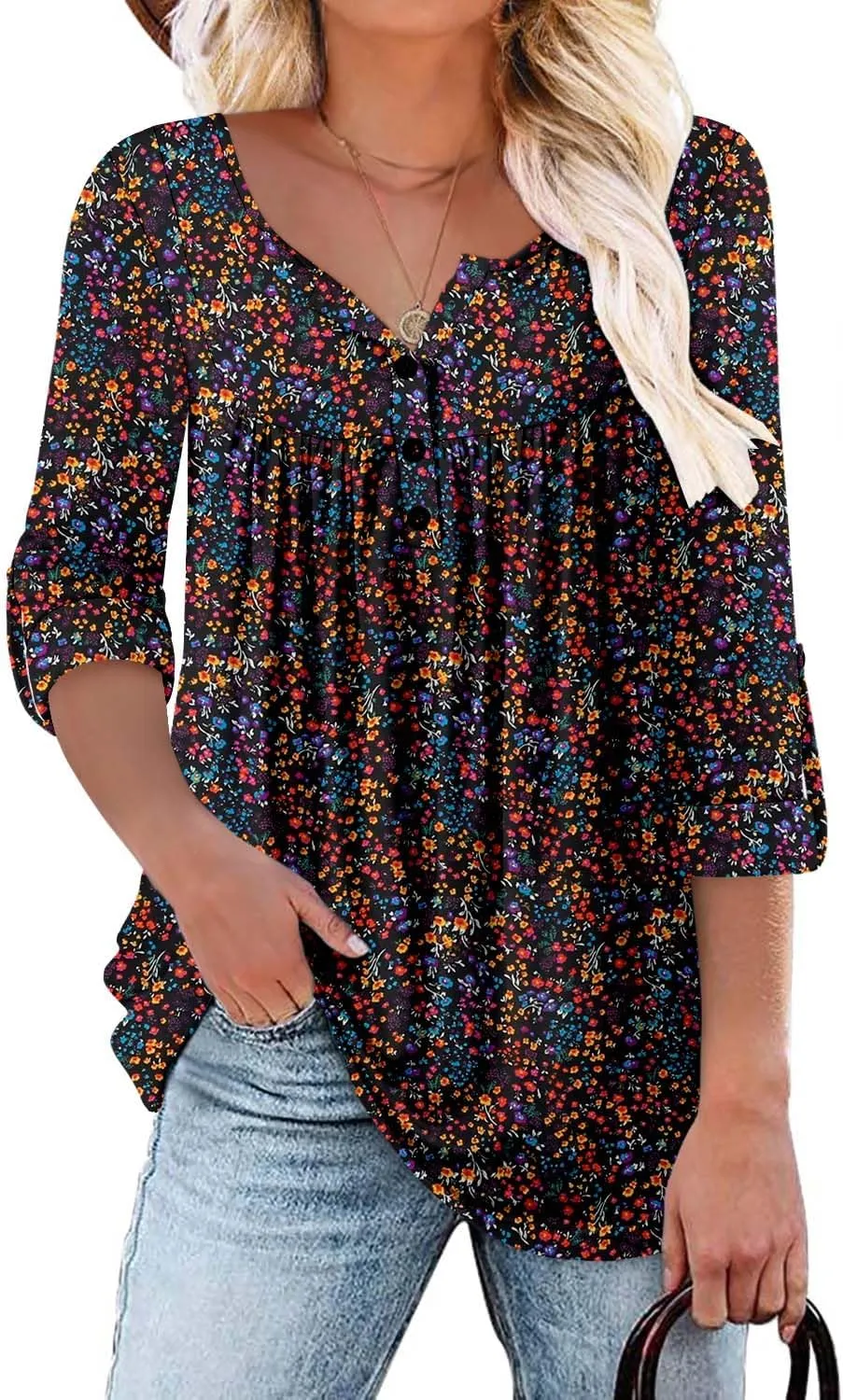 ROSELINLIN Womens Long Sleeve Tunic Tops Floral Fall Blouse Shirts