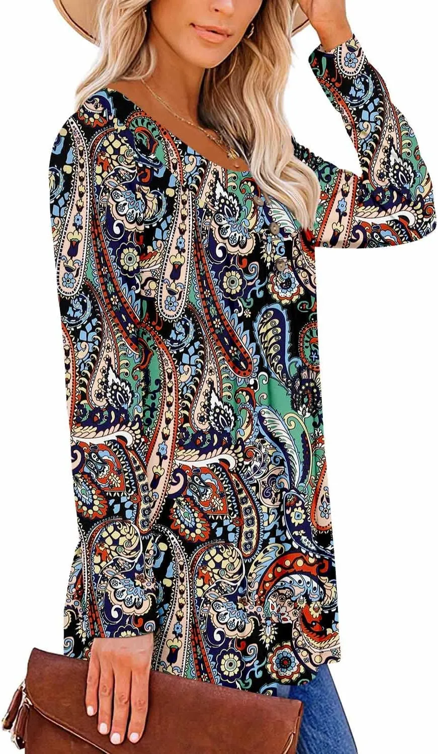 ROSELINLIN Womens Long Sleeve Tunic Tops Floral Fall Blouse Shirts