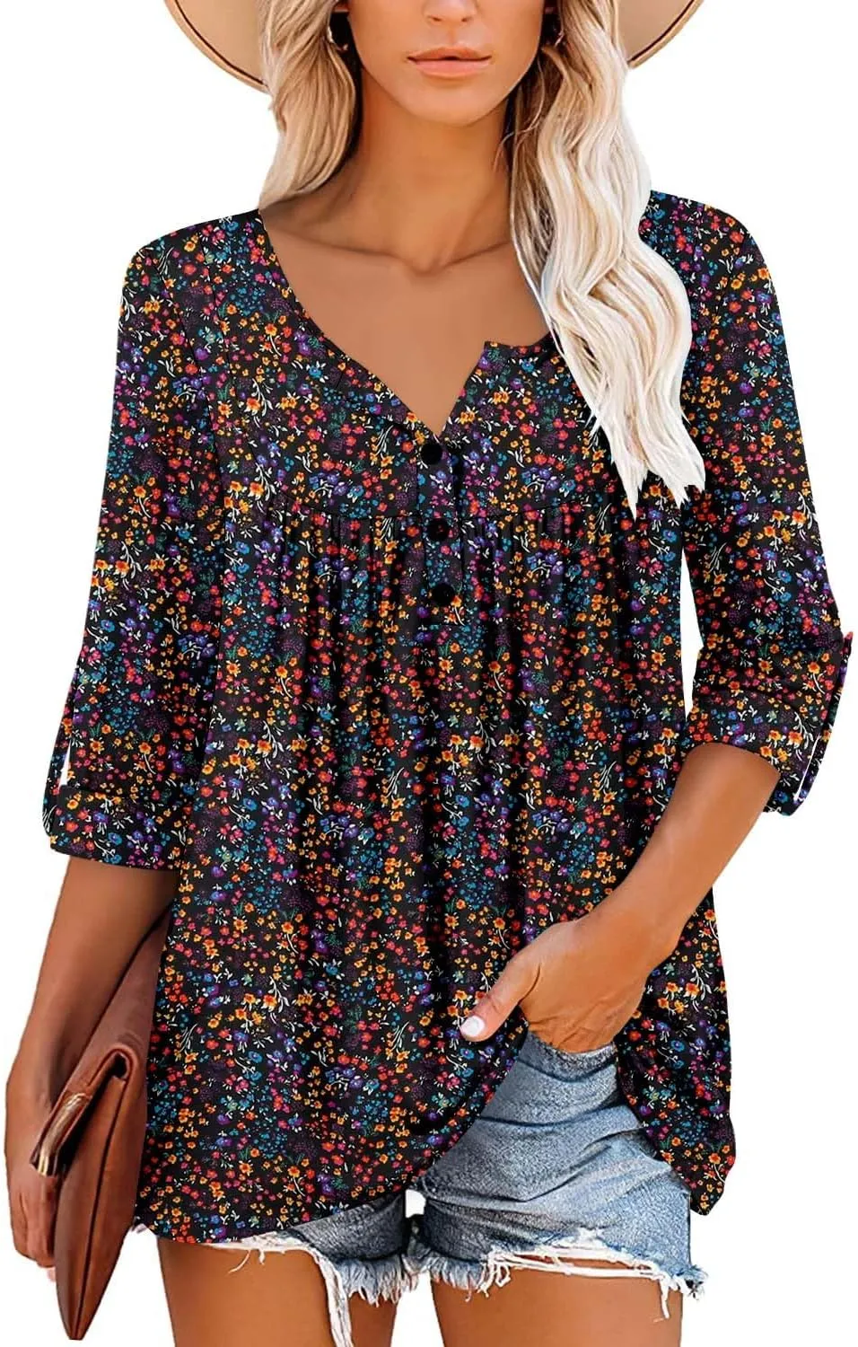 ROSELINLIN Womens Long Sleeve Tunic Tops Floral Fall Blouse Shirts