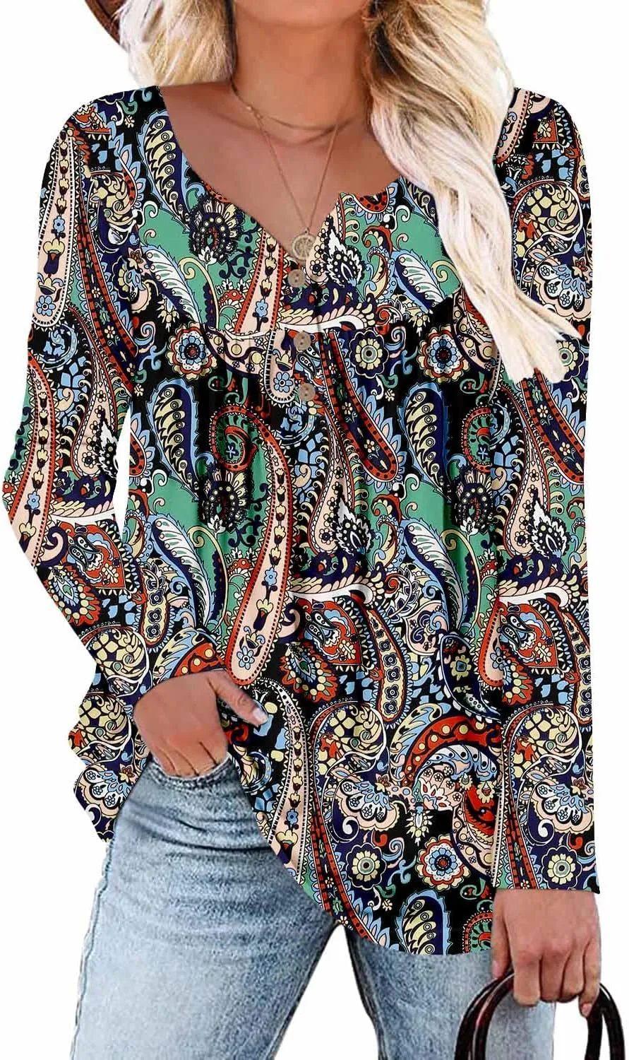 ROSELINLIN Womens Long Sleeve Tunic Tops Floral Fall Blouse Shirts