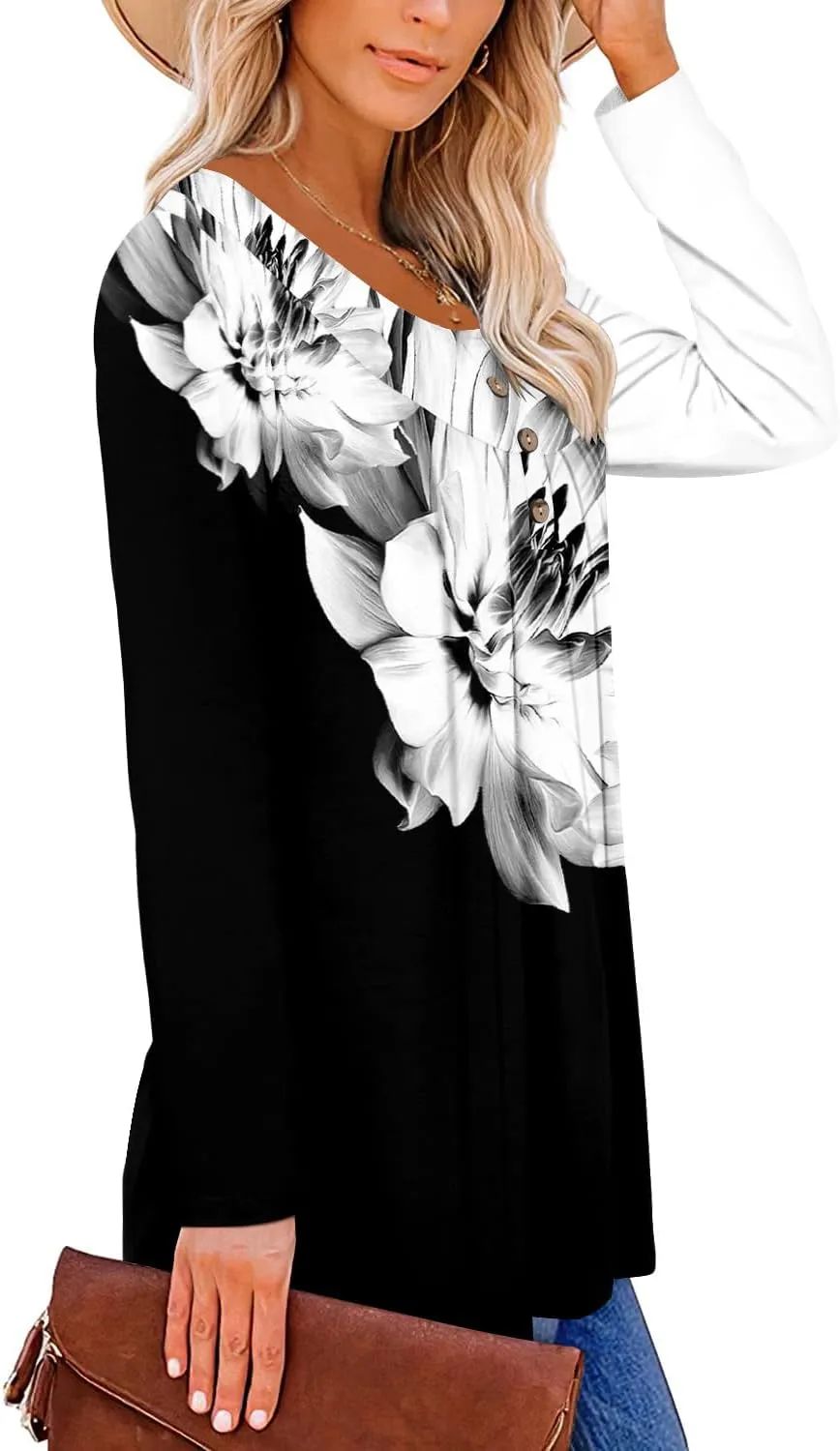 ROSELINLIN Womens Long Sleeve Tunic Tops Floral Fall Blouse Shirts