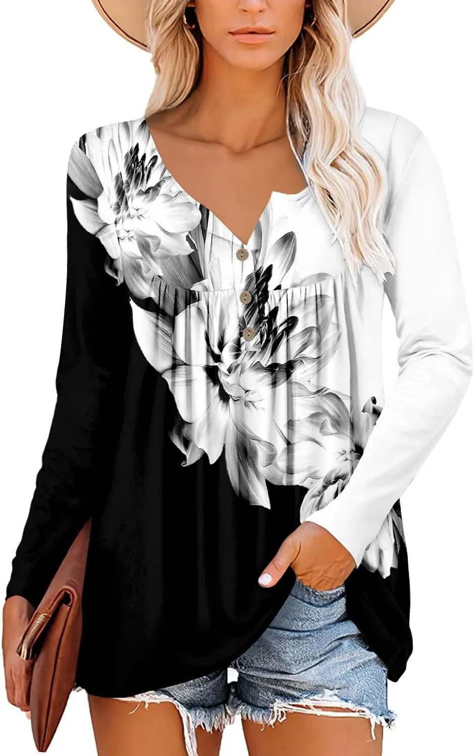ROSELINLIN Womens Long Sleeve Tunic Tops Floral Fall Blouse Shirts