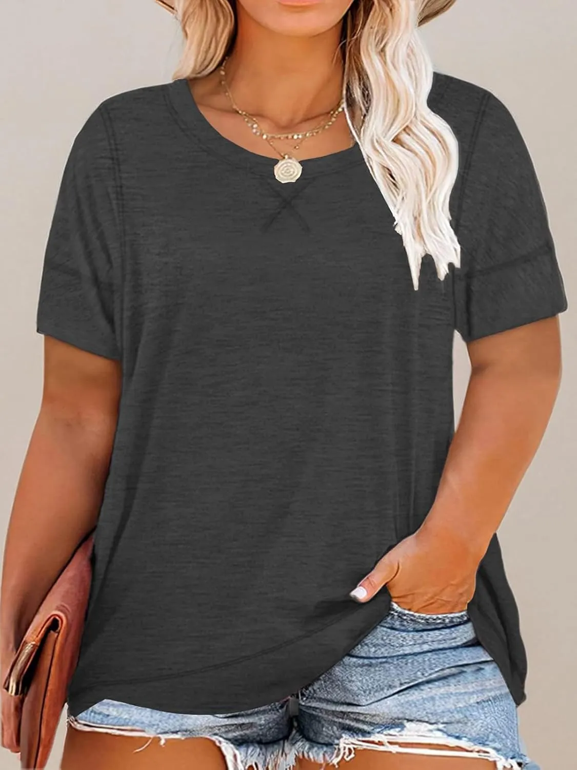 ROSRISS Womens Plus Size Tops Casual Short Sleeve Side Split Tunics Shirts