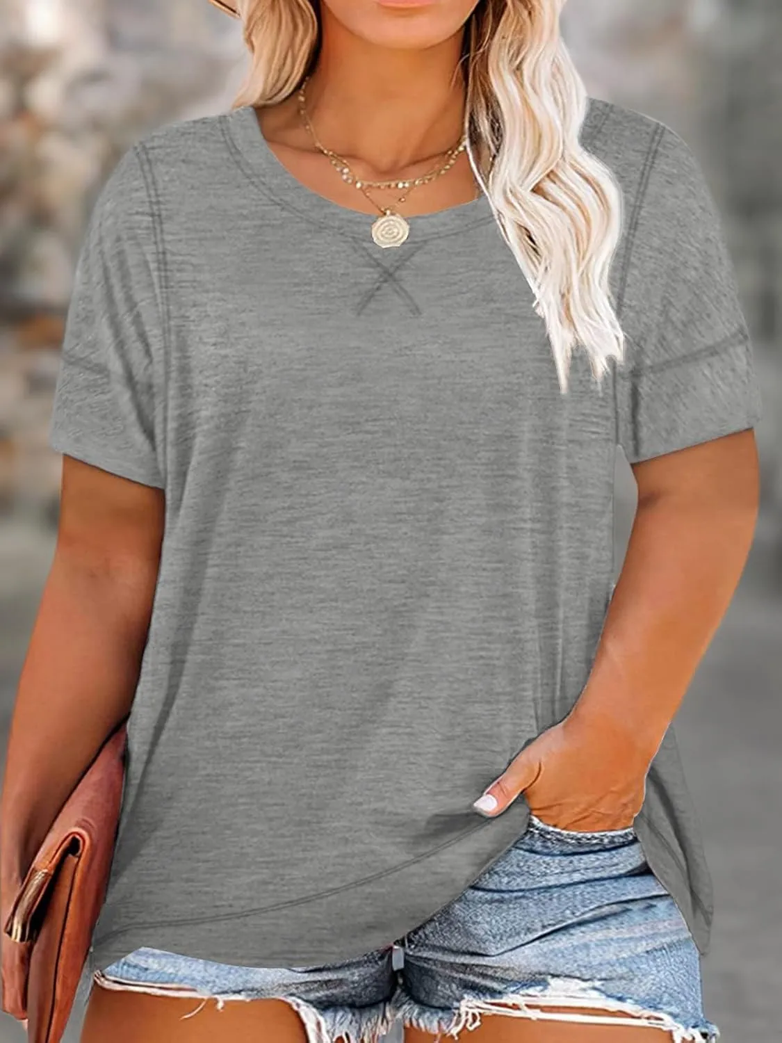 ROSRISS Womens Plus Size Tops Casual Short Sleeve Side Split Tunics Shirts