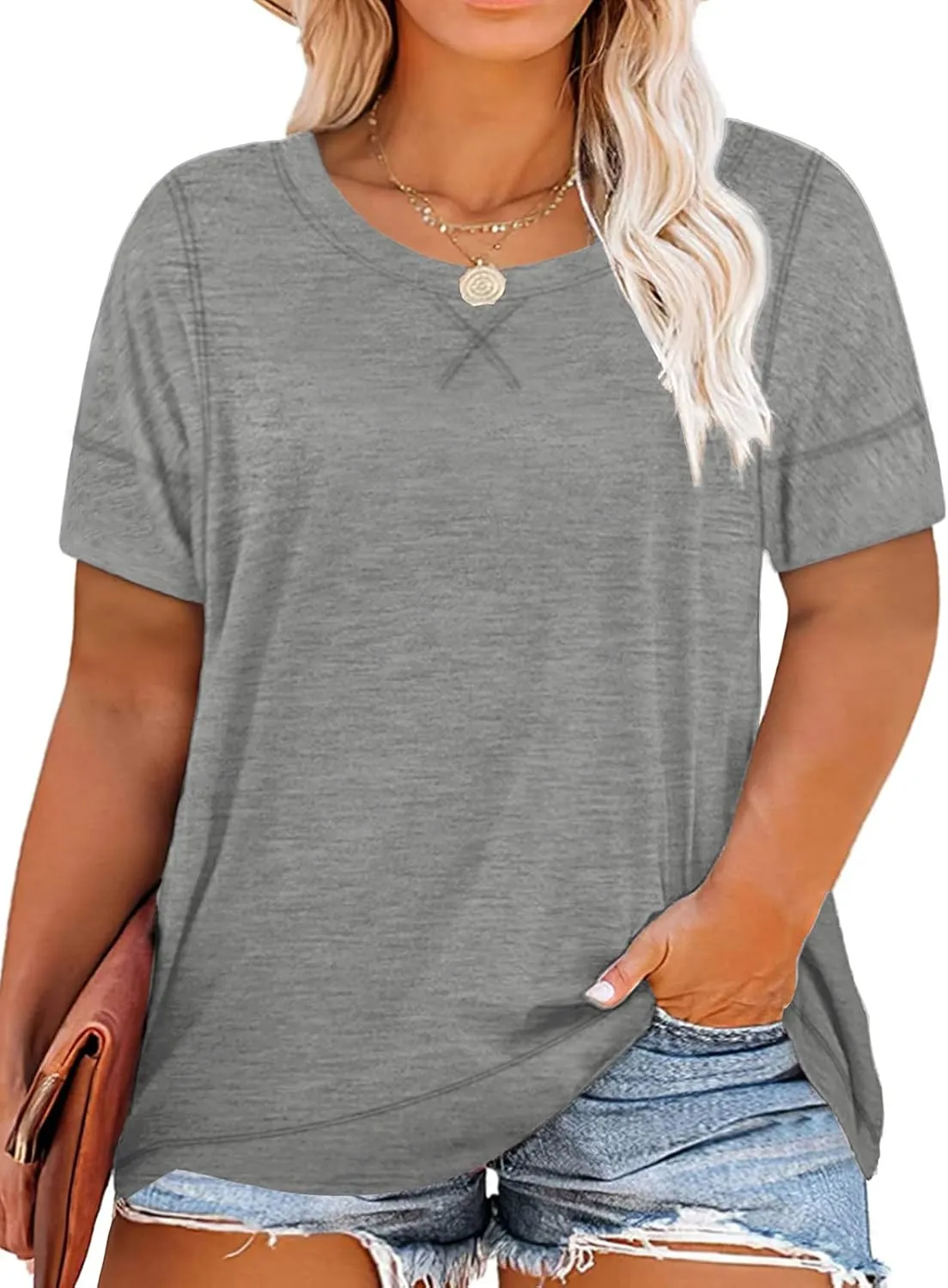 ROSRISS Womens Plus Size Tops Casual Short Sleeve Side Split Tunics Shirts