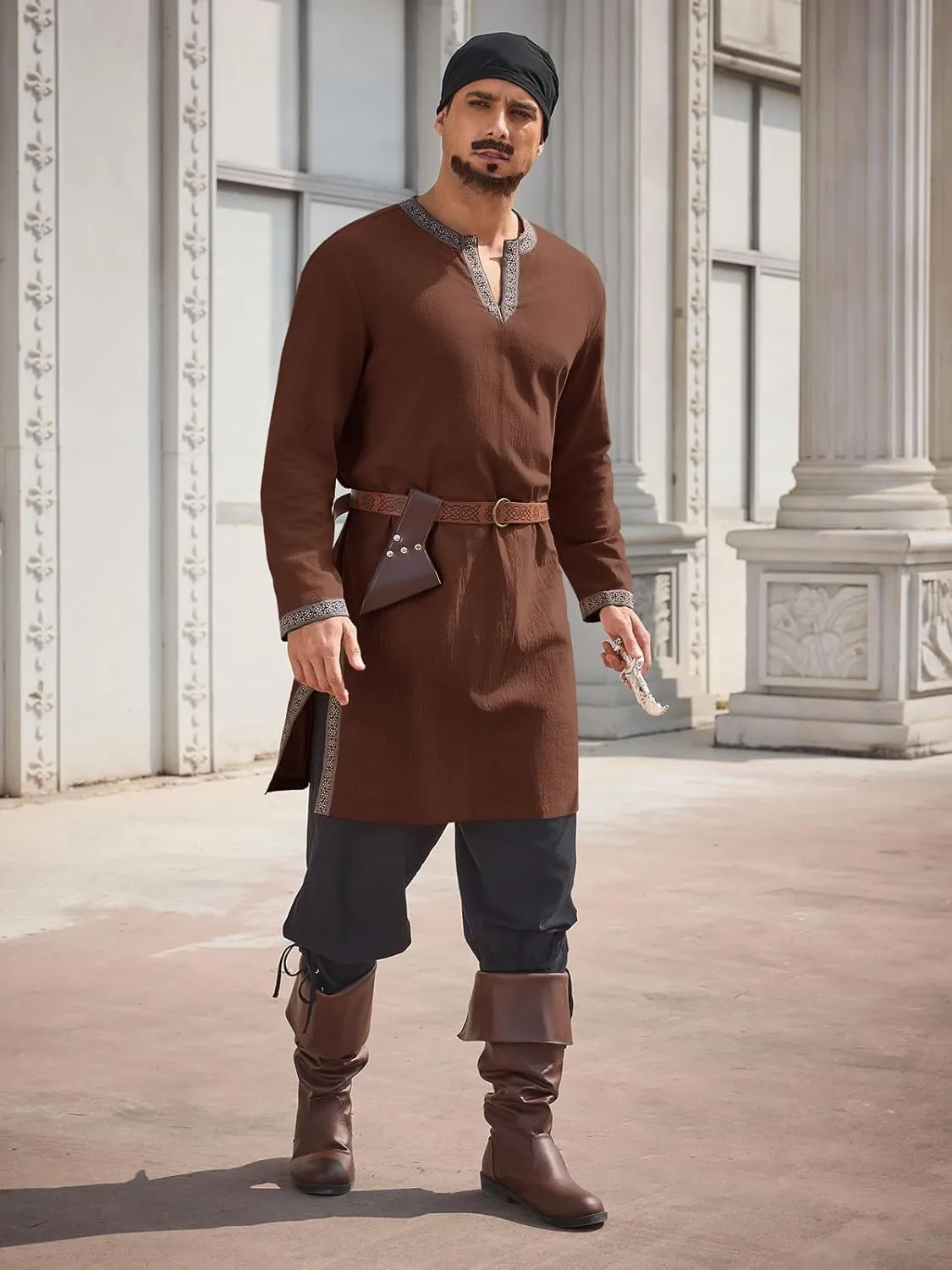 Runcati Mens Medieval Pirate Shirt Renaissance Viking Knight Warrior Tunic Tops Long Sleeve LARP Halloween Costume