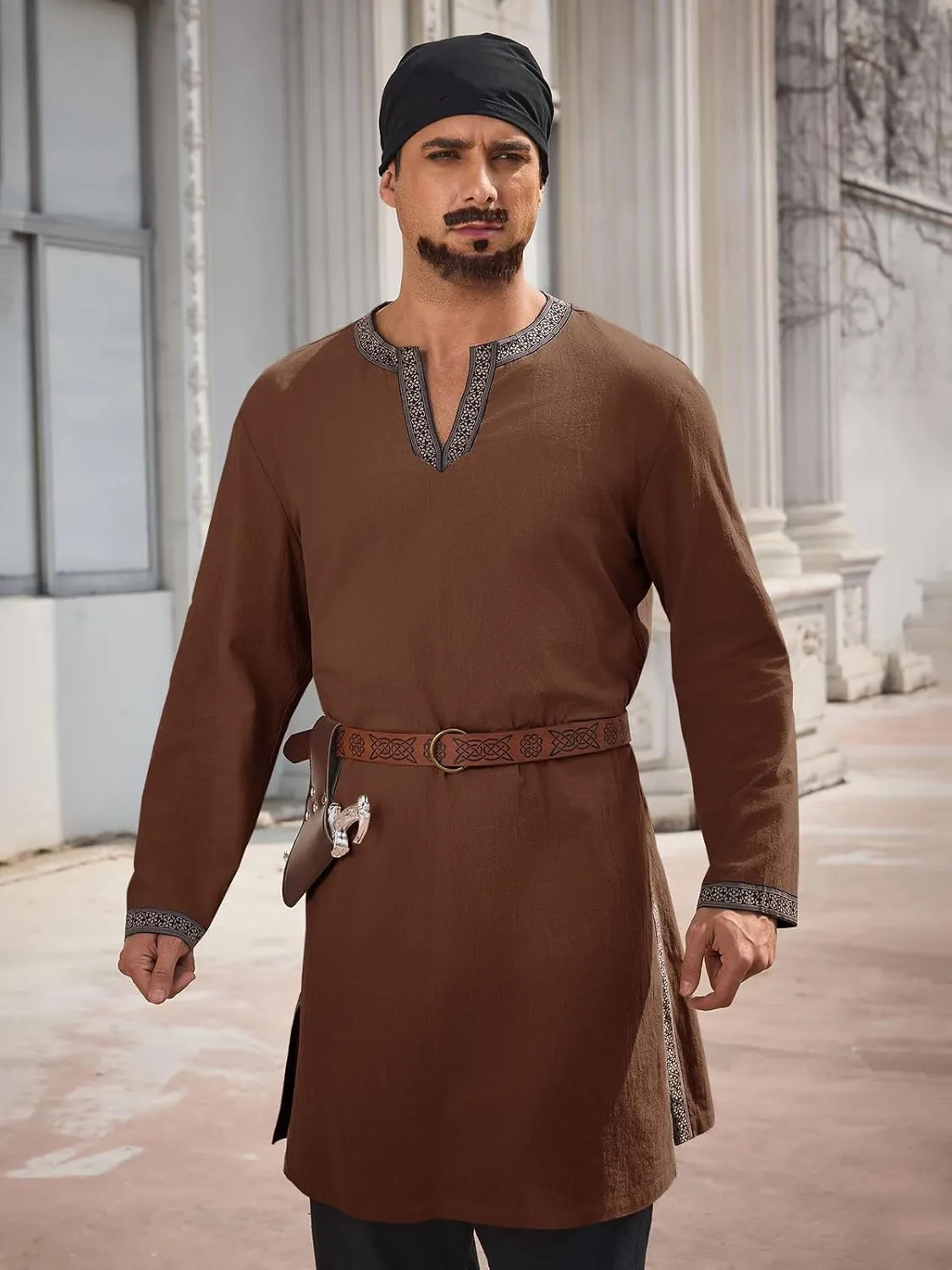 Runcati Mens Medieval Pirate Shirt Renaissance Viking Knight Warrior Tunic Tops Long Sleeve LARP Halloween Costume