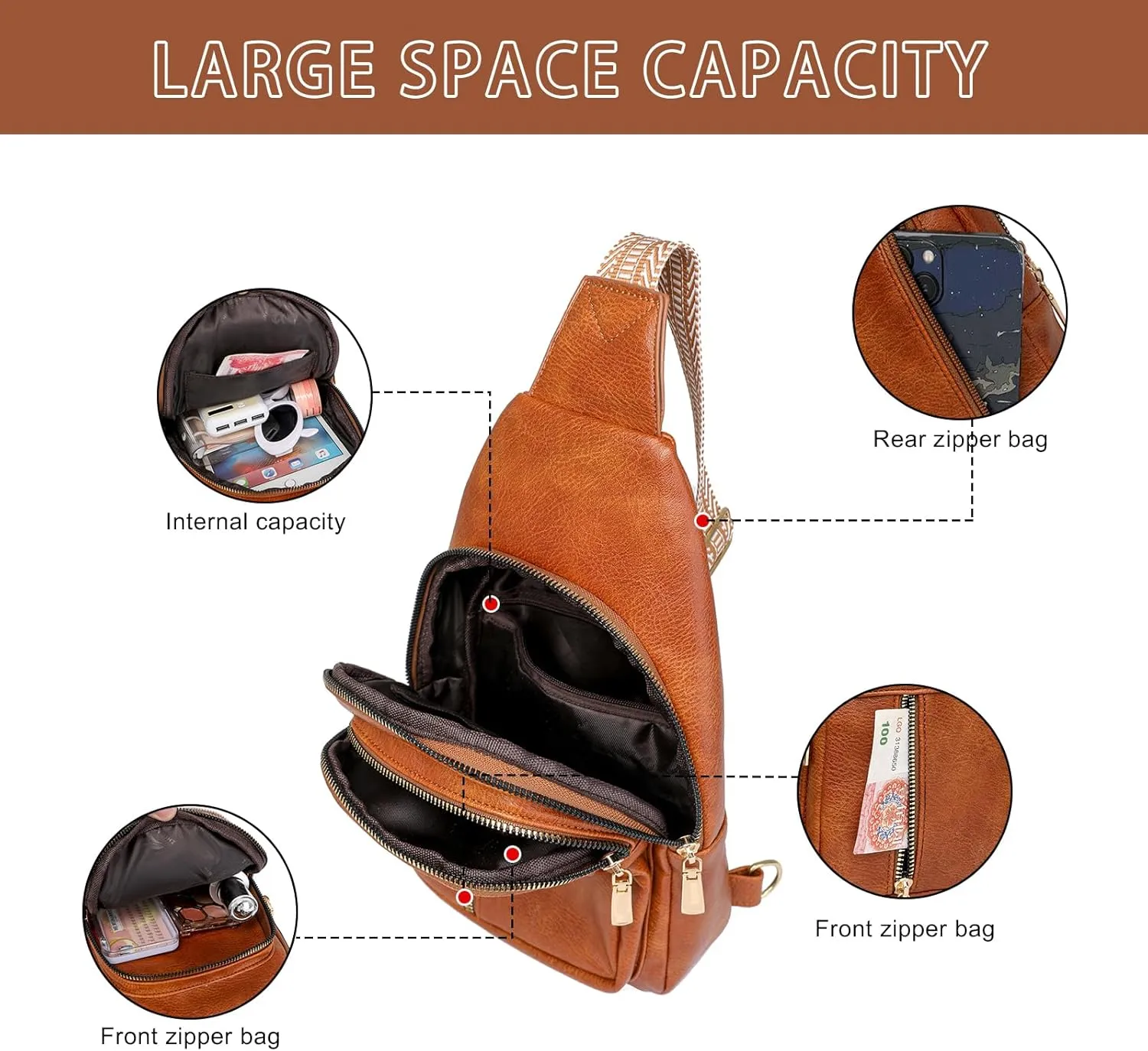 Samll Sling Bag for Women Crossbody Bags Purse Leather Backpack Fanny Packs Trendy Chest Bag for Travel Cycling
