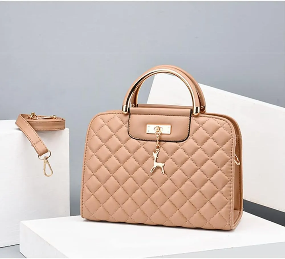 Satchel Handbag for Women Quilted Leather Crossbody Bag Top Handle Shoulder Bag Ladies Tote Purse with Zipper (Red)