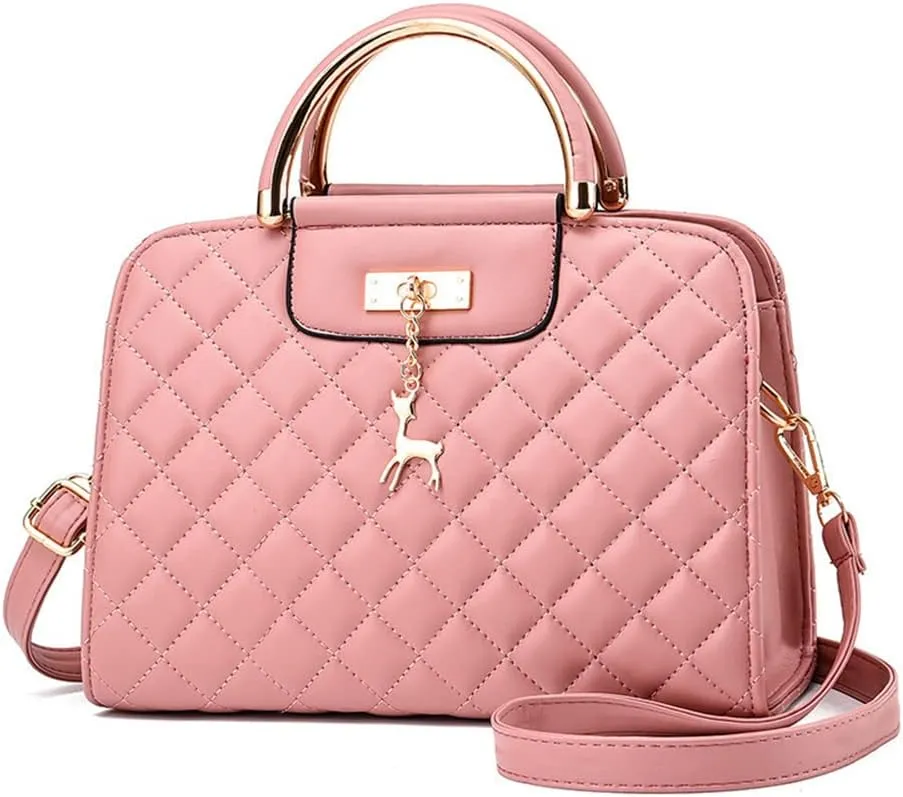Satchel Handbag for Women Quilted Leather Crossbody Bag Top Handle Shoulder Bag Ladies Tote Purse with Zipper (Red)