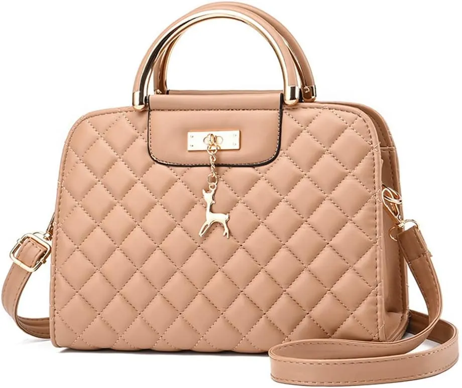 Satchel Handbag for Women Quilted Leather Crossbody Bag Top Handle Shoulder Bag Ladies Tote Purse with Zipper (Red)
