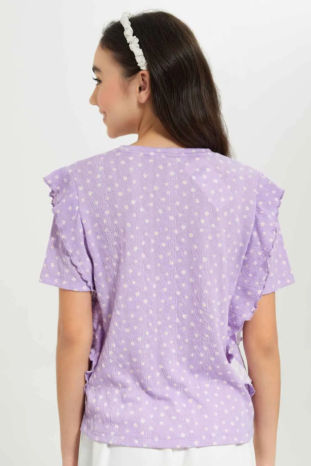 Senior Girls Lilac Ruffled Front Jacquard Top