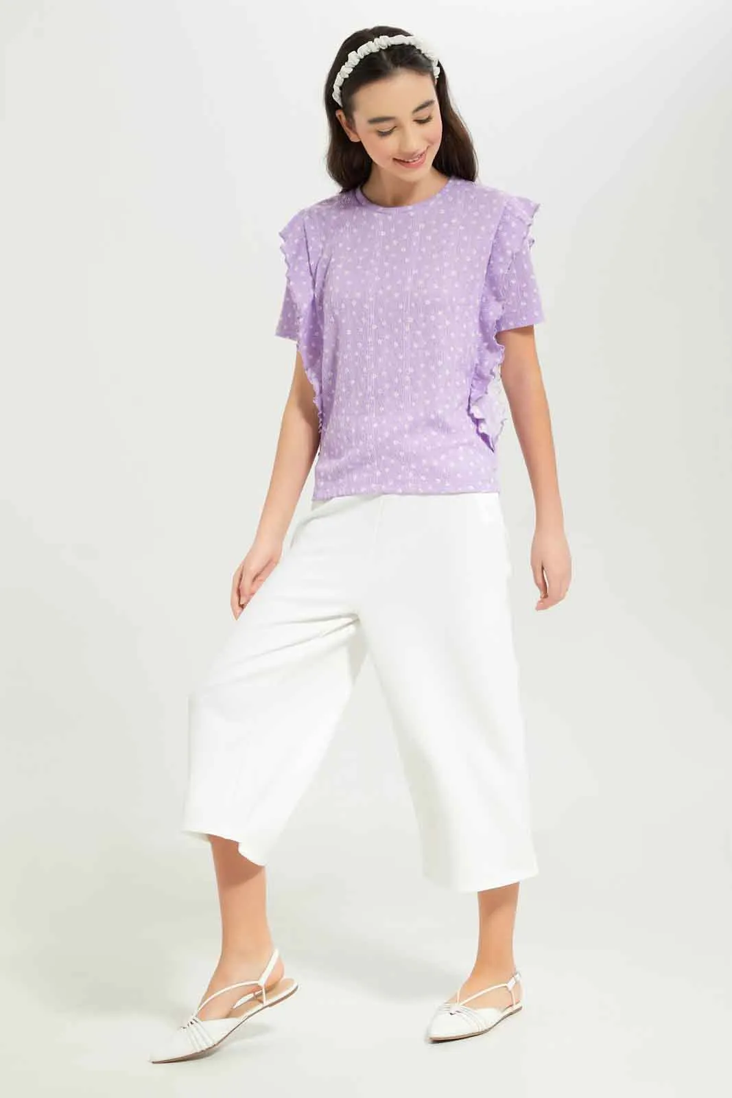 Senior Girls Lilac Ruffled Front Jacquard Top