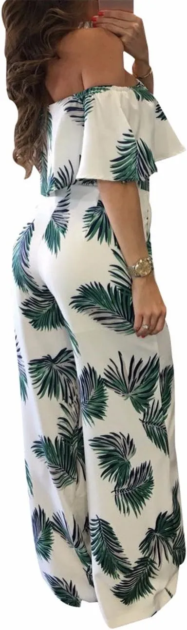 Sexyshine Women's Ruffle Off Shoulder Floral Print High Waist Wide Leg Long Jumpsuits Rompers