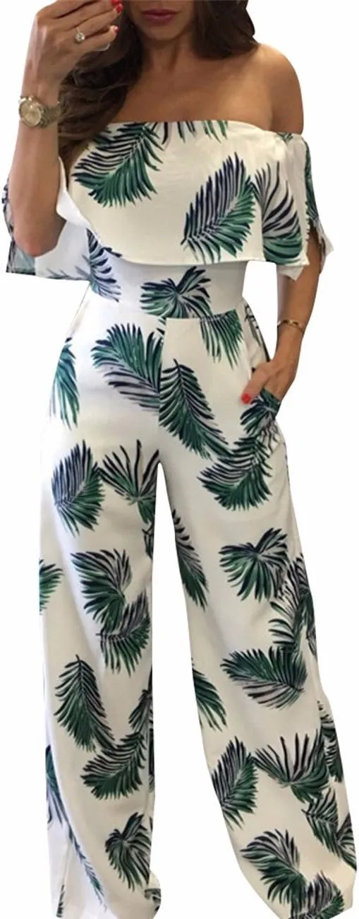 Sexyshine Women's Ruffle Off Shoulder Floral Print High Waist Wide Leg Long Jumpsuits Rompers