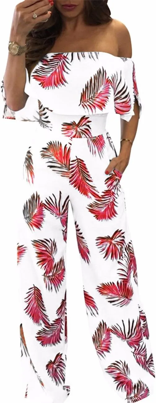 Sexyshine Women's Ruffle Off Shoulder Floral Print High Waist Wide Leg Long Jumpsuits Rompers