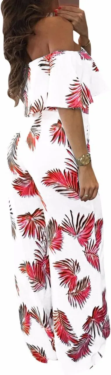 Sexyshine Women's Ruffle Off Shoulder Floral Print High Waist Wide Leg Long Jumpsuits Rompers
