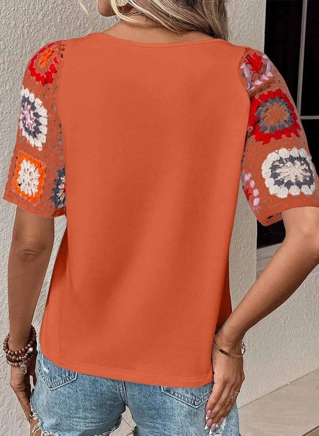 SHEWIN Womens Summer Tops Casual Short Sleeve T Shirts Crewneck Boho Crochet Floral Print Shirt Blouses