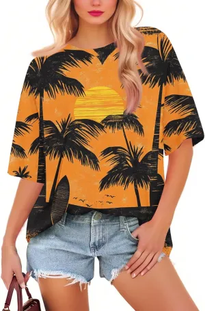 Short Sleeve Hawaiian Shirts Floral Tropic Printed Pleated Crew Neck Summer Casual T-Shirt Trendy Boho Blouses Tops