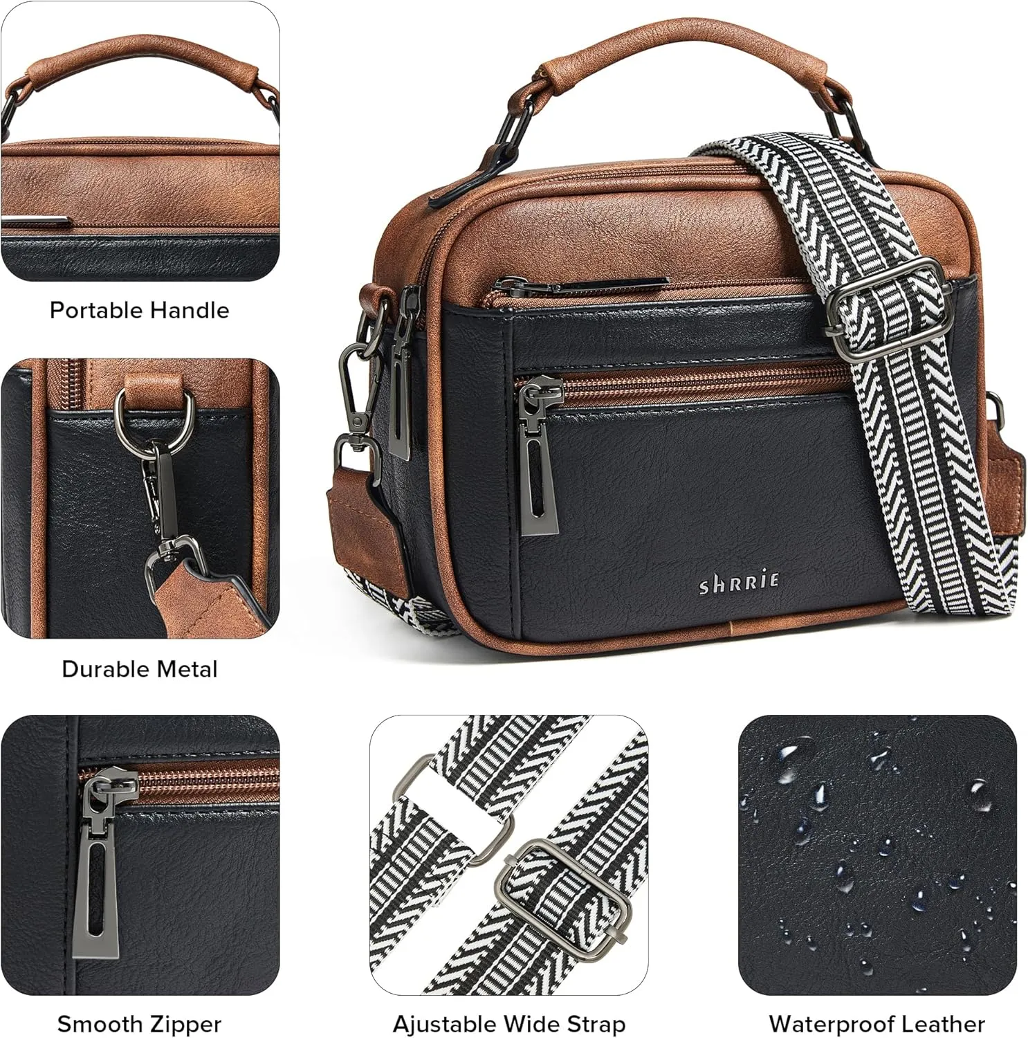 Shrrie Quilted Crossbody Bags for Women - Vegan Leather Crossbody Purses Triple Pocket Small Purses for Women Wide Strap