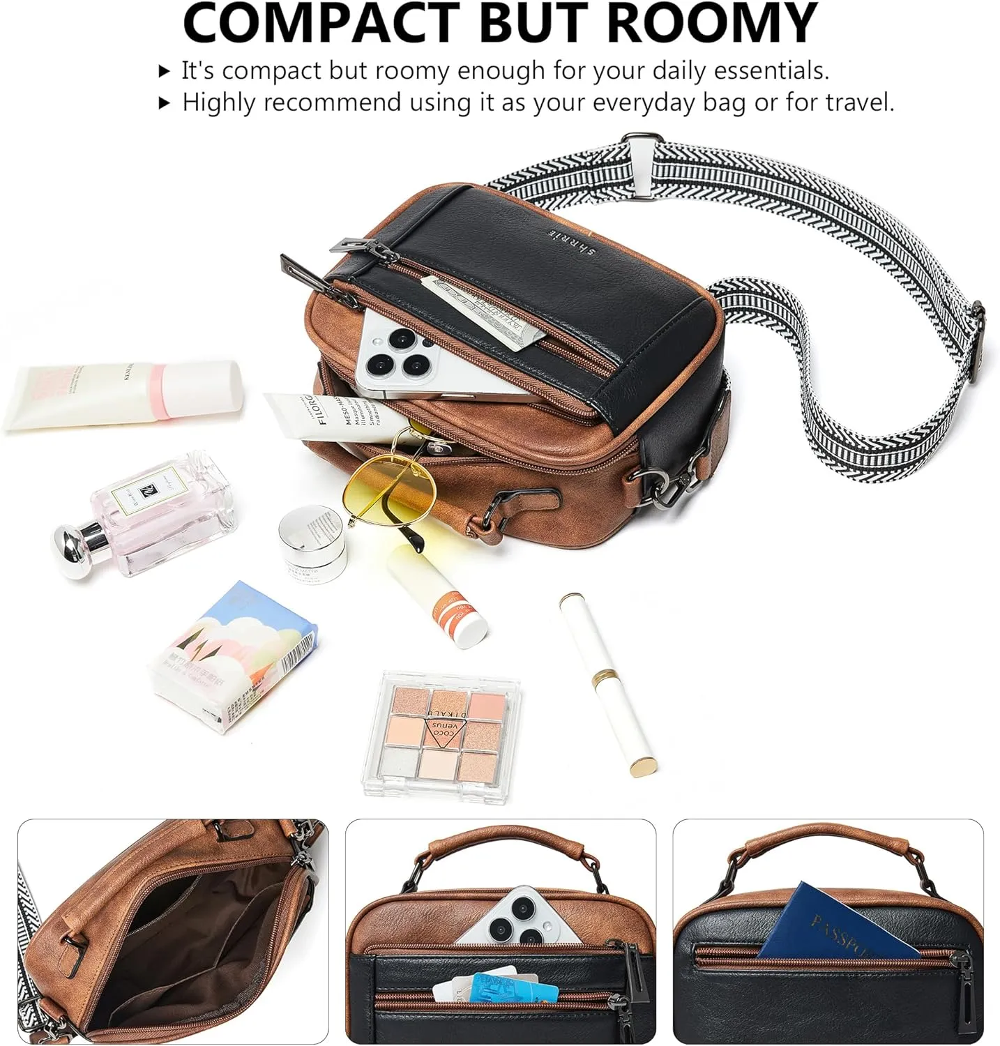 Shrrie Quilted Crossbody Bags for Women - Vegan Leather Crossbody Purses Triple Pocket Small Purses for Women Wide Strap