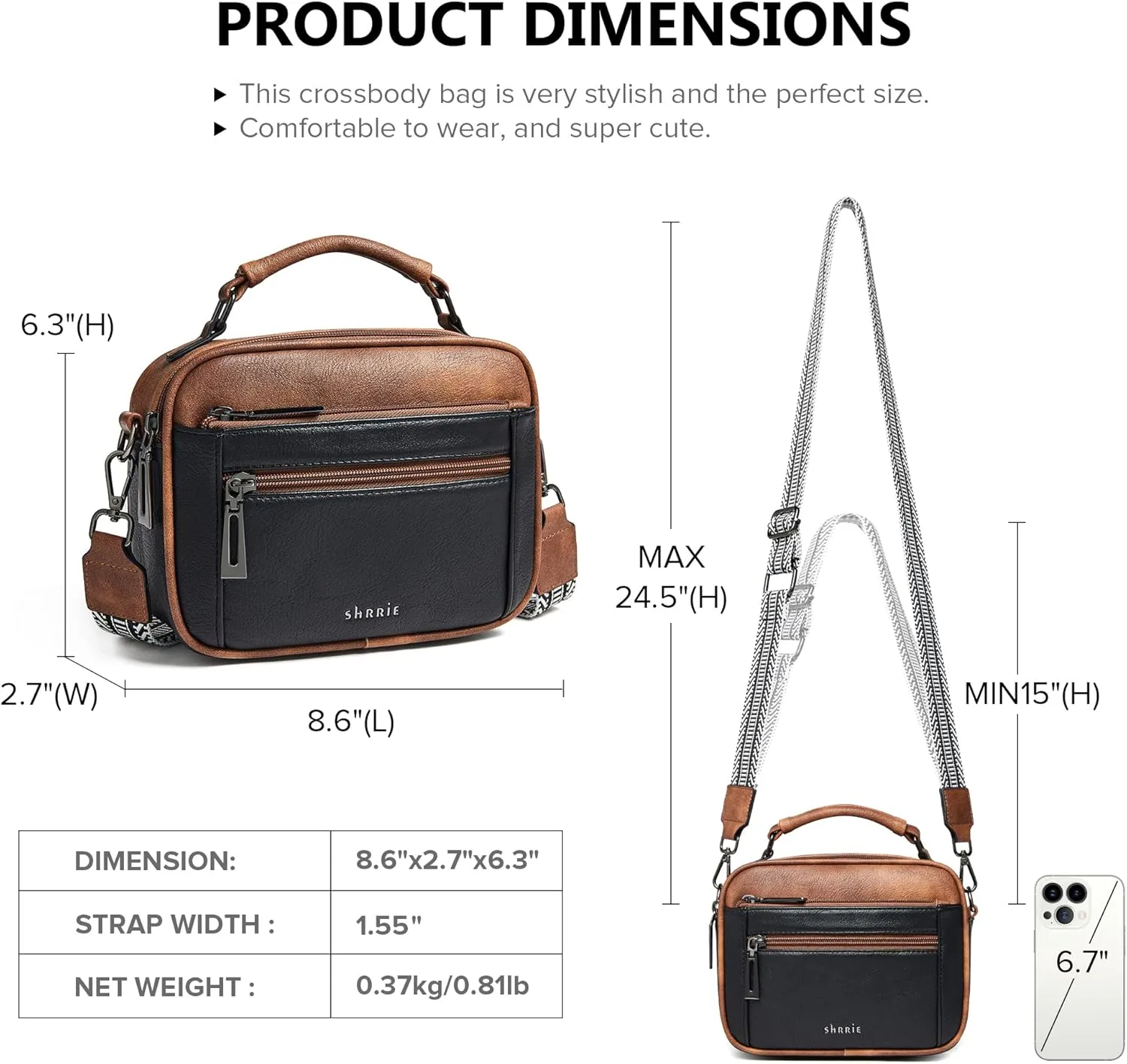 Shrrie Quilted Crossbody Bags for Women - Vegan Leather Crossbody Purses Triple Pocket Small Purses for Women Wide Strap