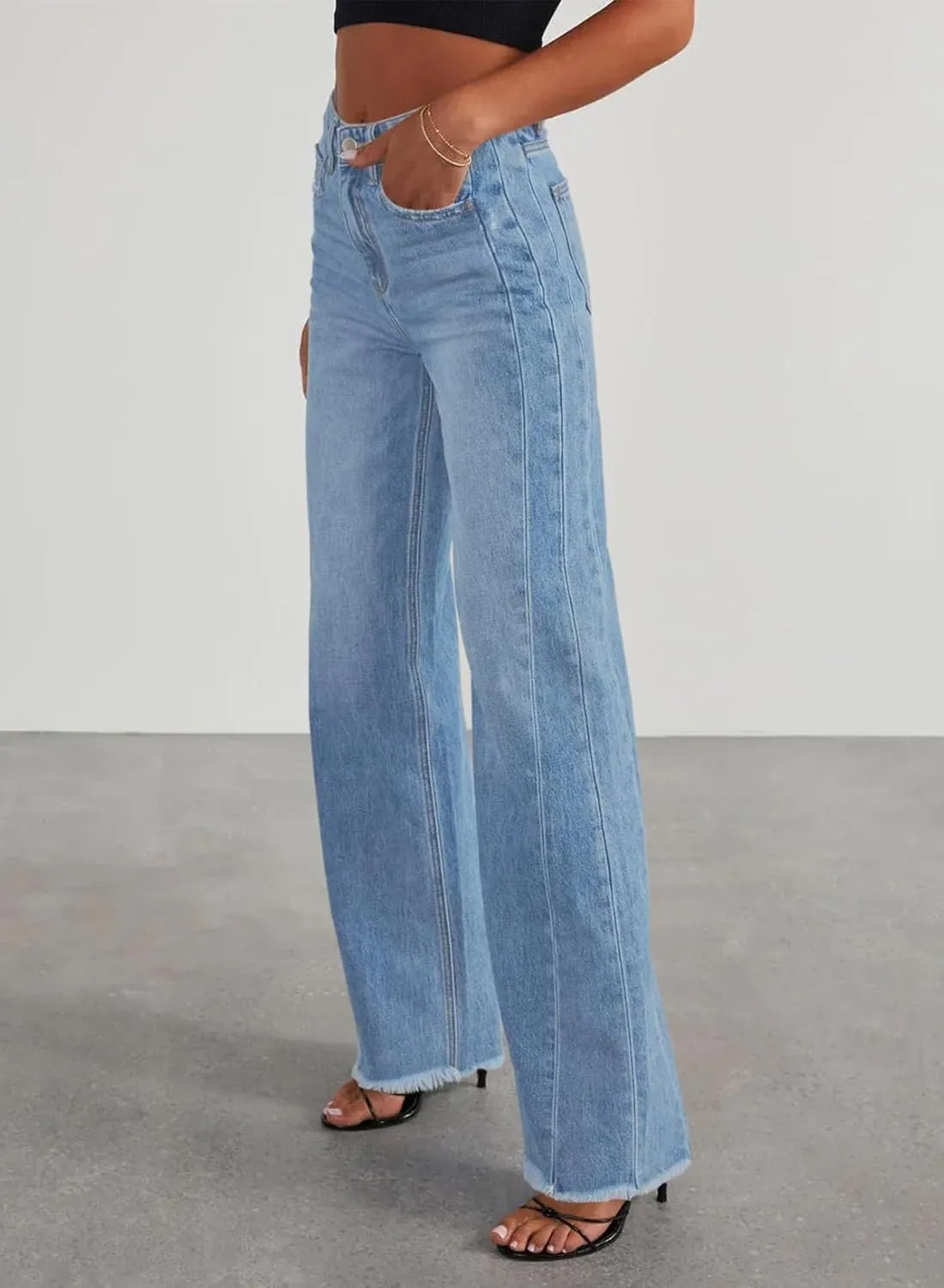 Sidefeel Women's Wide Leg Jeans High Waisted Strechy Raw Hem Zimbaplatinum Denim Pants
