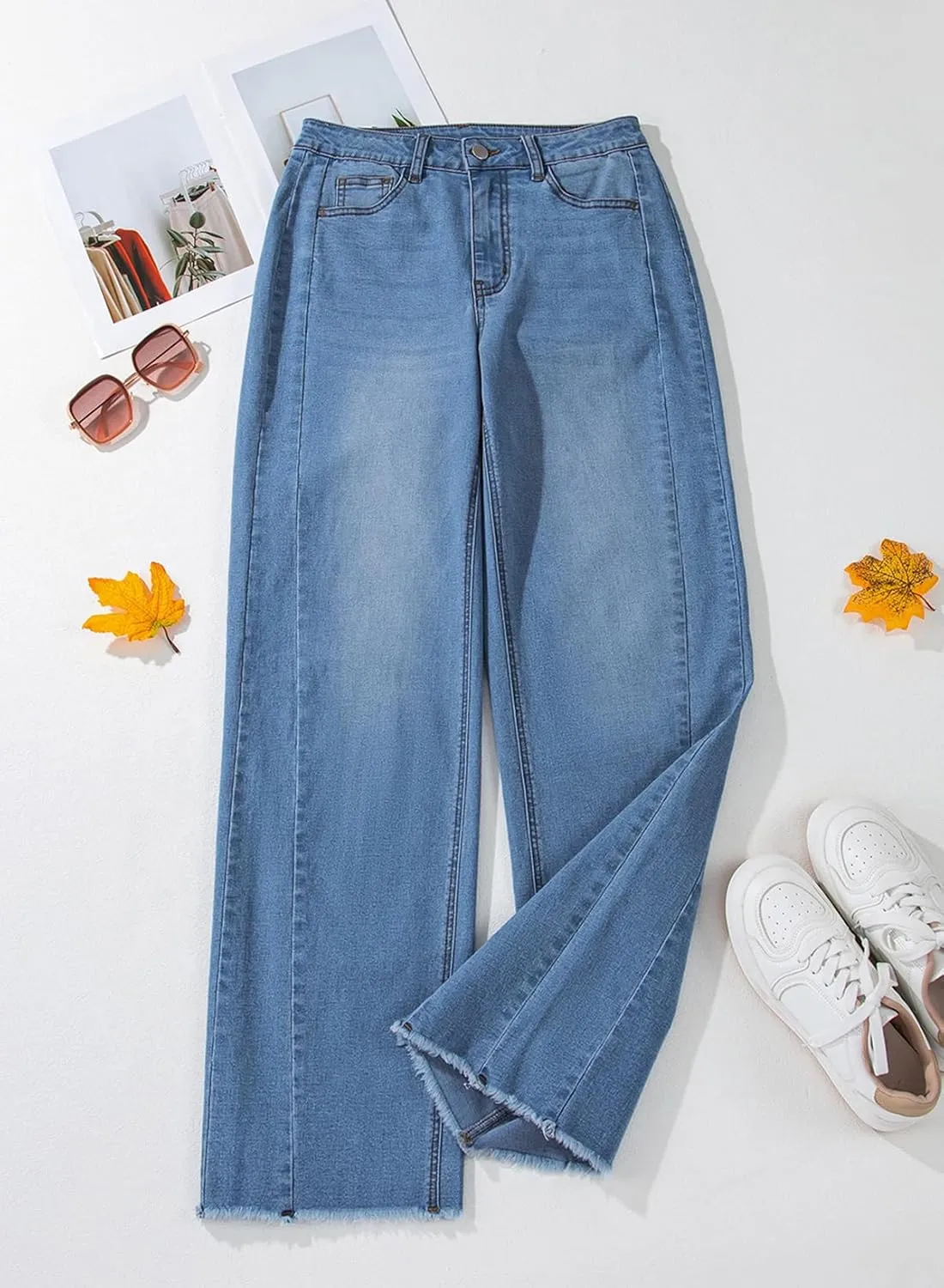 Sidefeel Women's Wide Leg Jeans High Waisted Strechy Raw Hem Zimbaplatinum Denim Pants