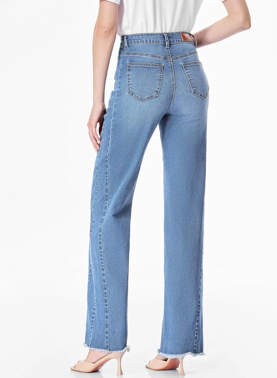 Sidefeel Women's Wide Leg Jeans High Waisted Strechy Raw Hem Zimbaplatinum Denim Pants