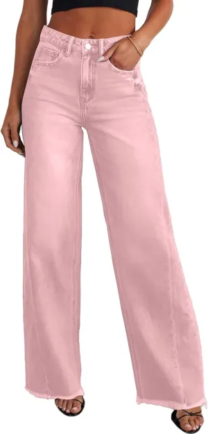Sidefeel Women's Wide Leg Jeans High Waisted Strechy Raw Hem Zimbaplatinum Denim Pants