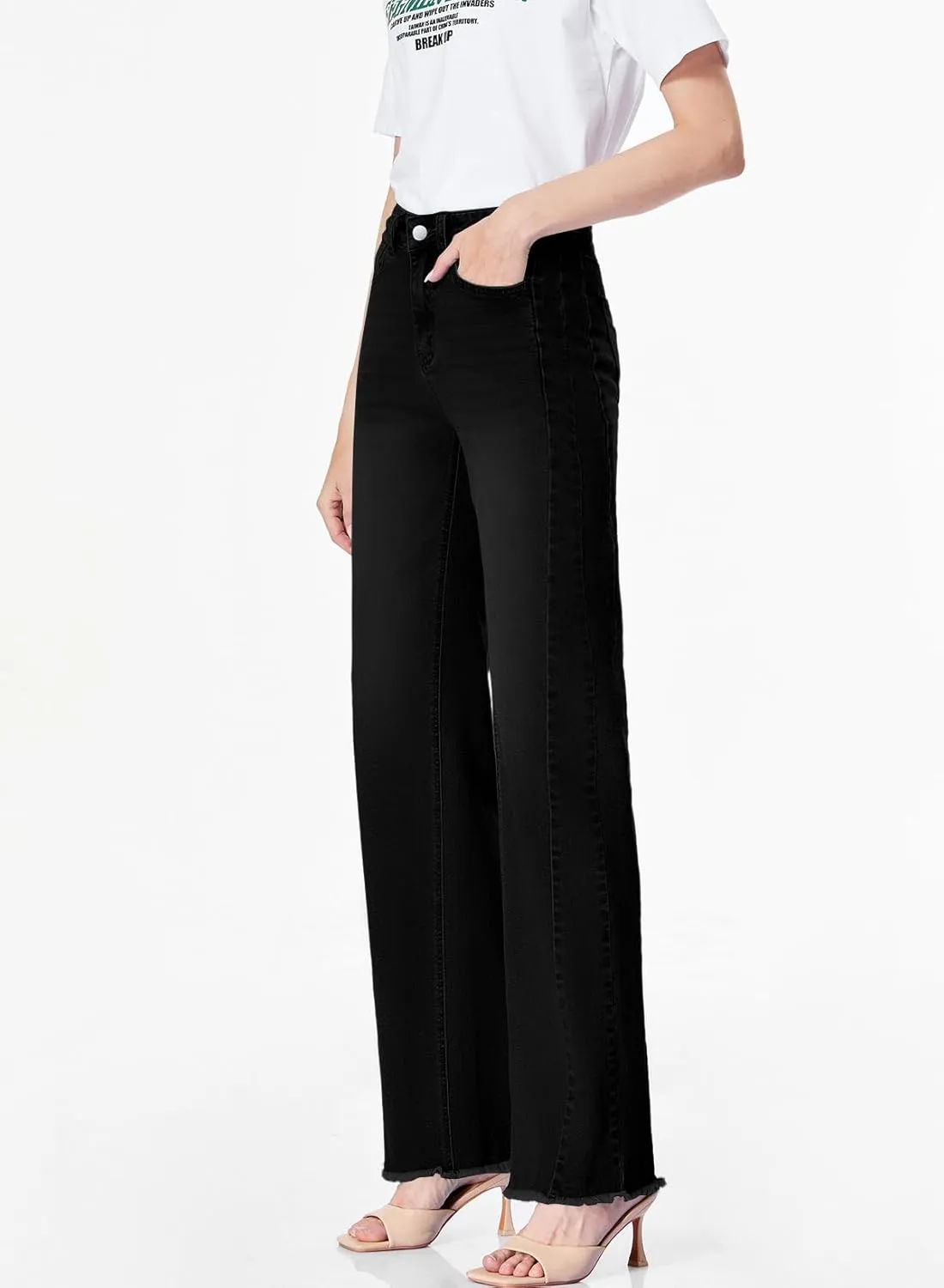 Sidefeel Women's Wide Leg Jeans High Waisted Strechy Raw Hem Zimbaplatinum Denim Pants