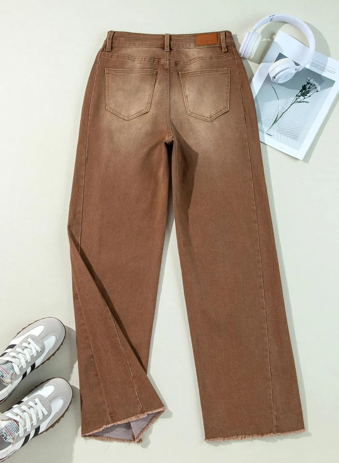 Sidefeel Women's Wide Leg Jeans High Waisted Strechy Raw Hem Zimbaplatinum Denim Pants