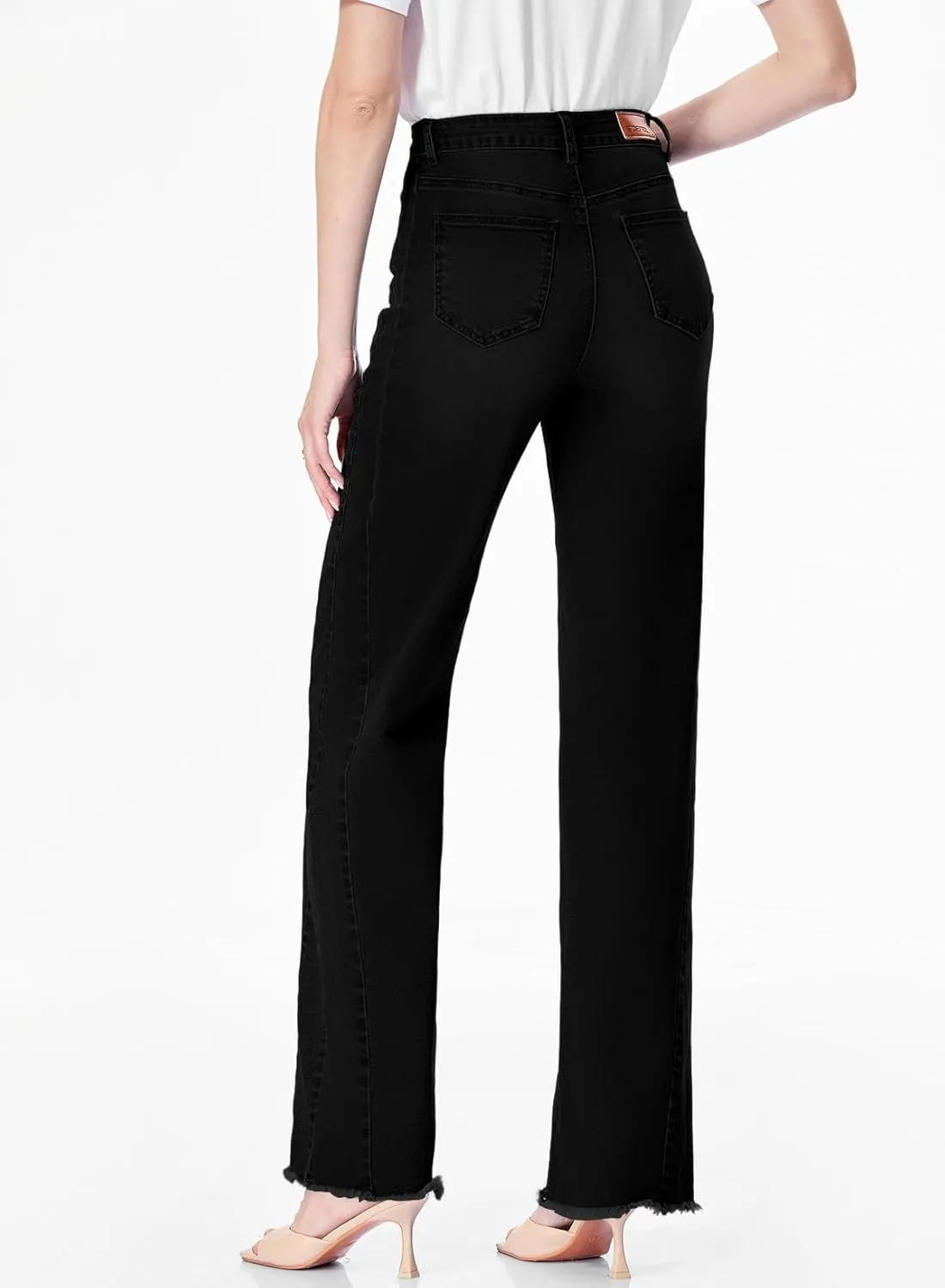 Sidefeel Women's Wide Leg Jeans High Waisted Strechy Raw Hem Zimbaplatinum Denim Pants