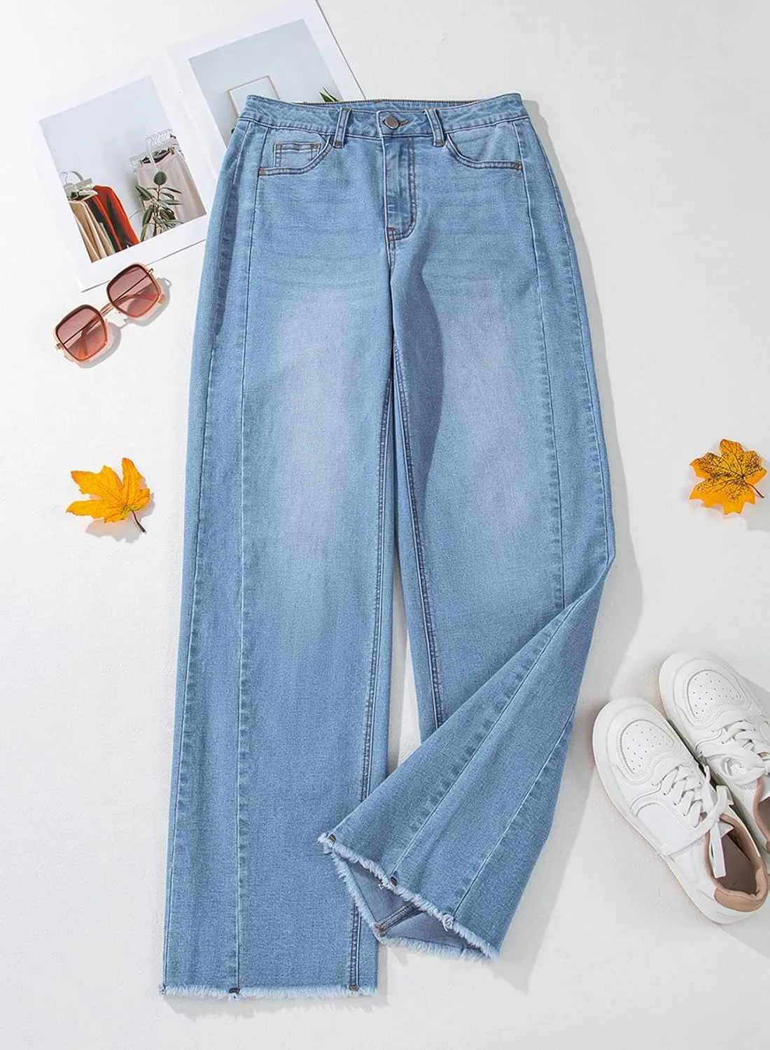 Sidefeel Women's Wide Leg Jeans High Waisted Strechy Raw Hem Zimbaplatinum Denim Pants
