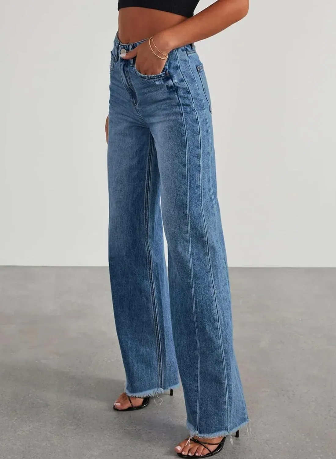 Sidefeel Women's Wide Leg Jeans High Waisted Strechy Raw Hem Zimbaplatinum Denim Pants