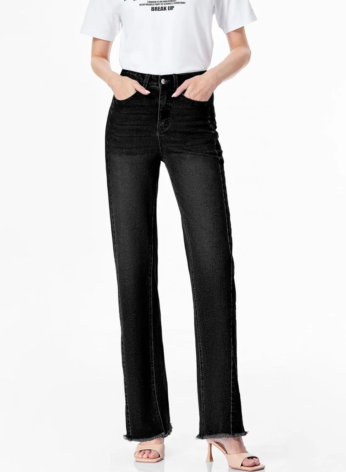 Sidefeel Women's Wide Leg Jeans High Waisted Strechy Raw Hem Zimbaplatinum Denim Pants