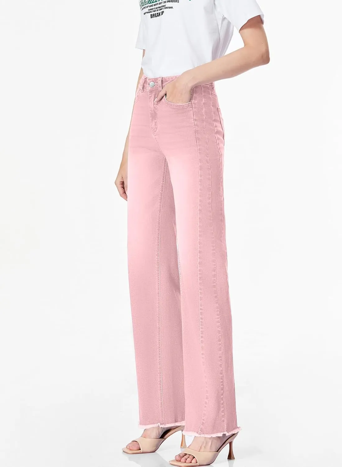 Sidefeel Women's Wide Leg Jeans High Waisted Strechy Raw Hem Zimbaplatinum Denim Pants