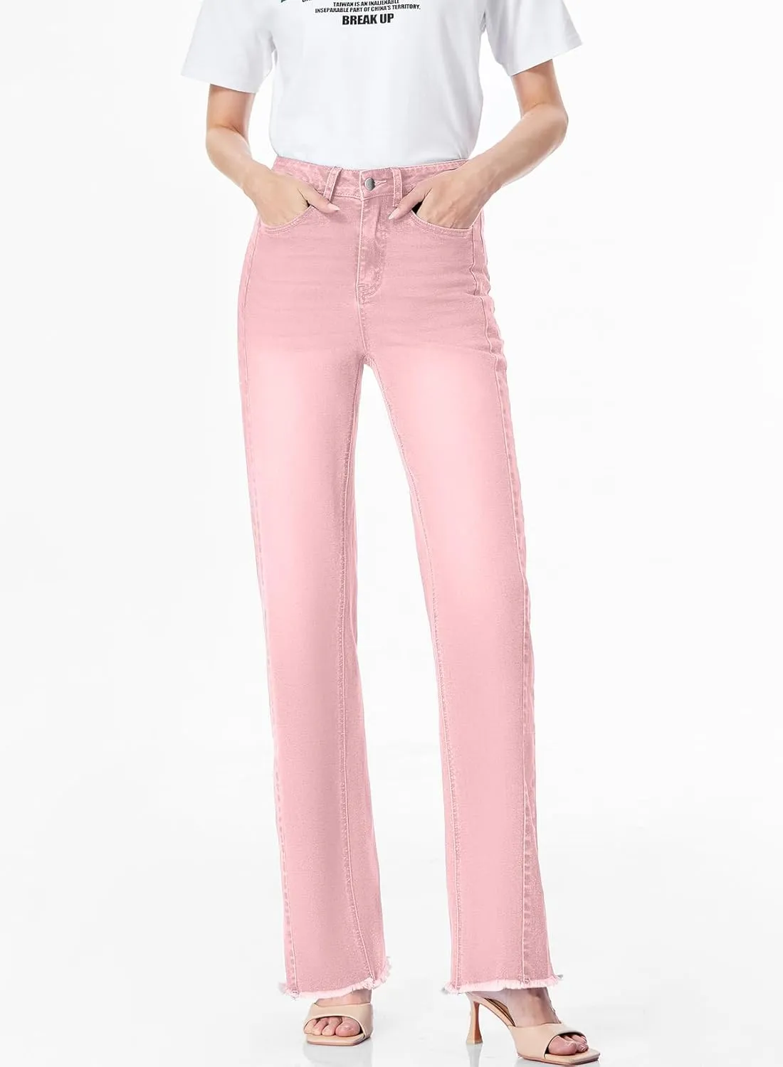 Sidefeel Women's Wide Leg Jeans High Waisted Strechy Raw Hem Zimbaplatinum Denim Pants