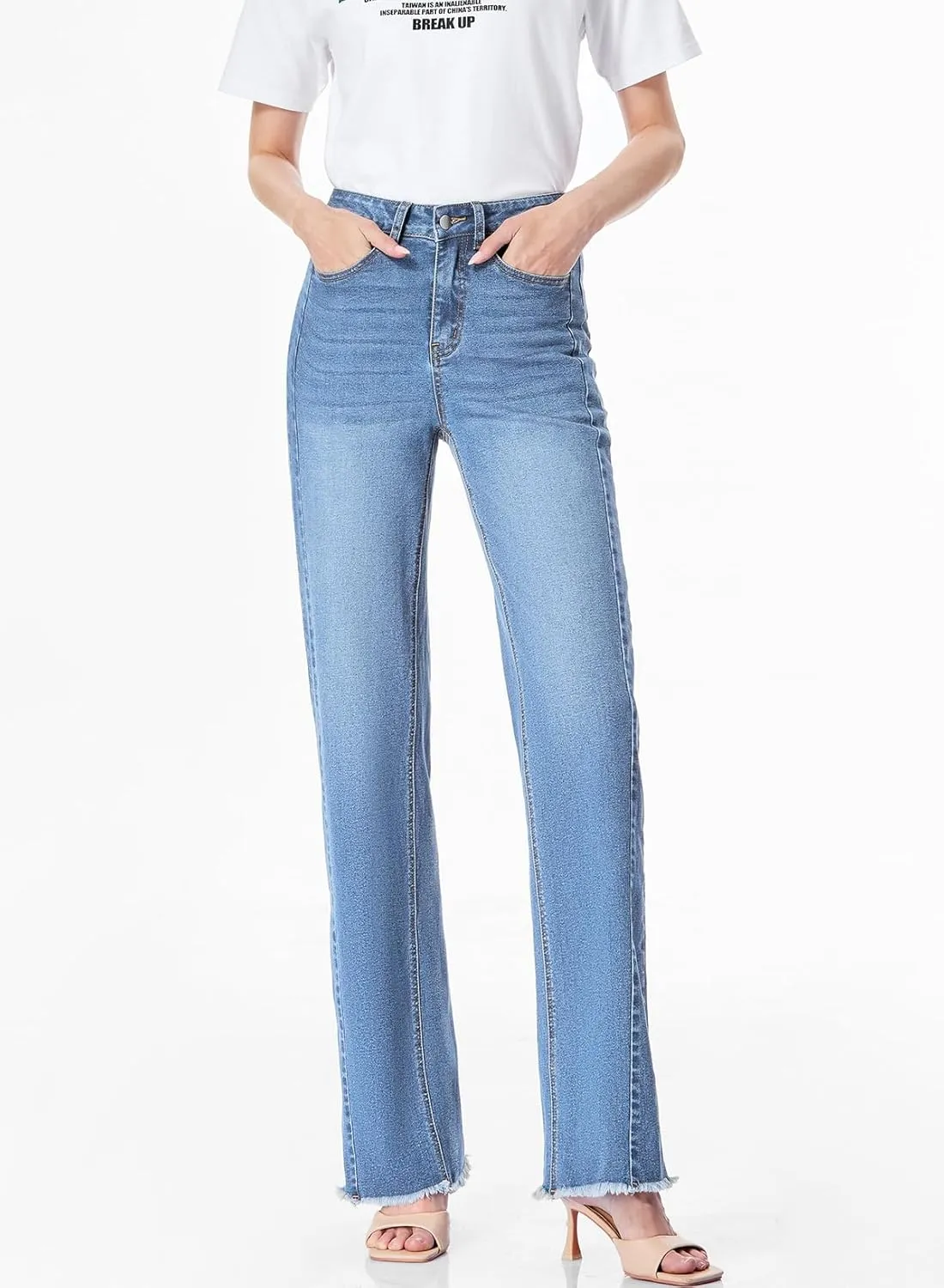Sidefeel Women's Wide Leg Jeans High Waisted Strechy Raw Hem Zimbaplatinum Denim Pants