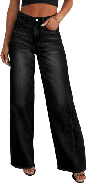 Sidefeel Women's Wide Leg Jeans High Waisted Strechy Raw Hem Zimbaplatinum Denim Pants