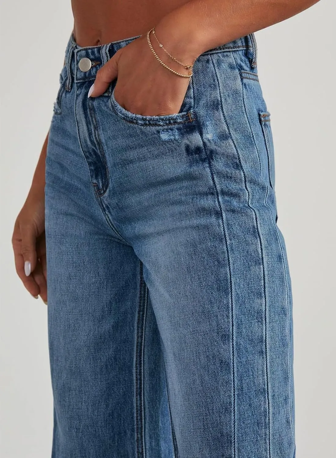 Sidefeel Women's Wide Leg Jeans High Waisted Strechy Raw Hem Zimbaplatinum Denim Pants