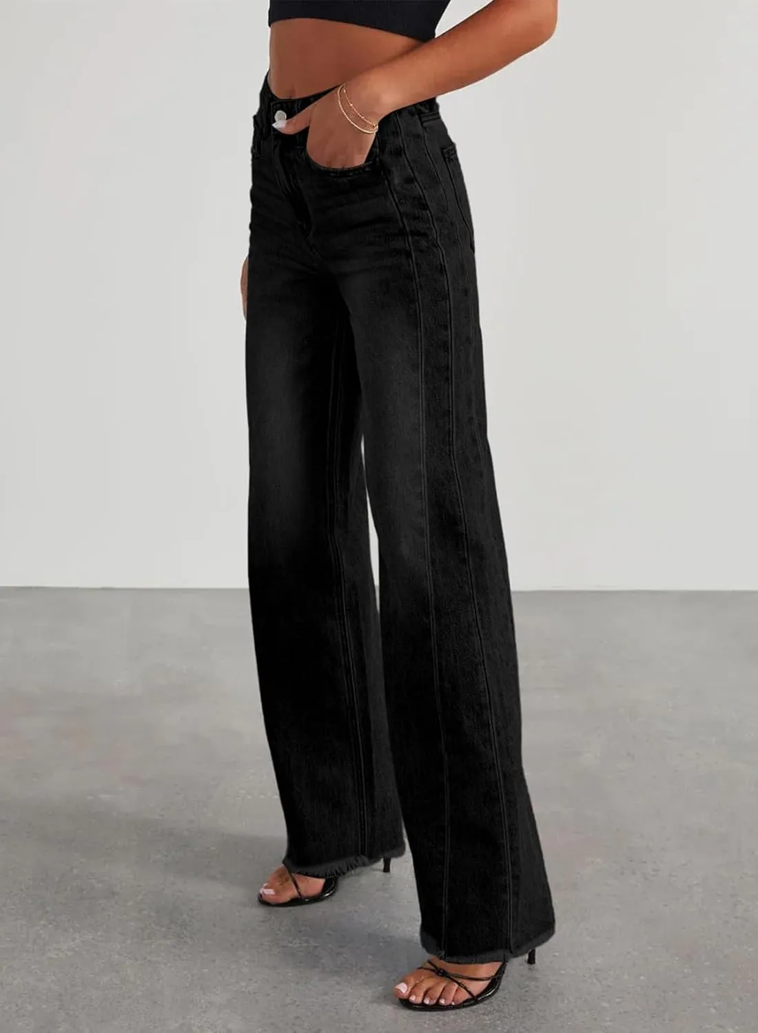 Sidefeel Women's Wide Leg Jeans High Waisted Strechy Raw Hem Zimbaplatinum Denim Pants