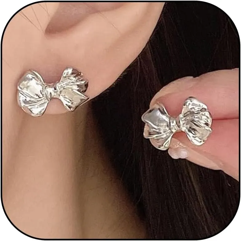 Silver Bow Earrings for Women Trendy Silver Bow Dangle Earrings for Weeding Sparkly Statement Earrings for Brides Bridesmaid Dress Outfits Jewelry Gift